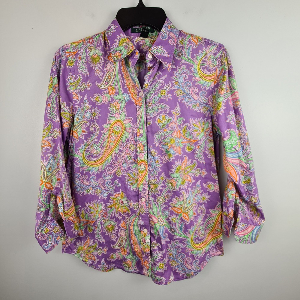 Lauren Ralph Lauren Womens Lavender Paisley Cotton Button Down Shirt Small